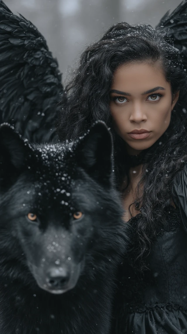 Woman with Angel Wings and a Black Wolf