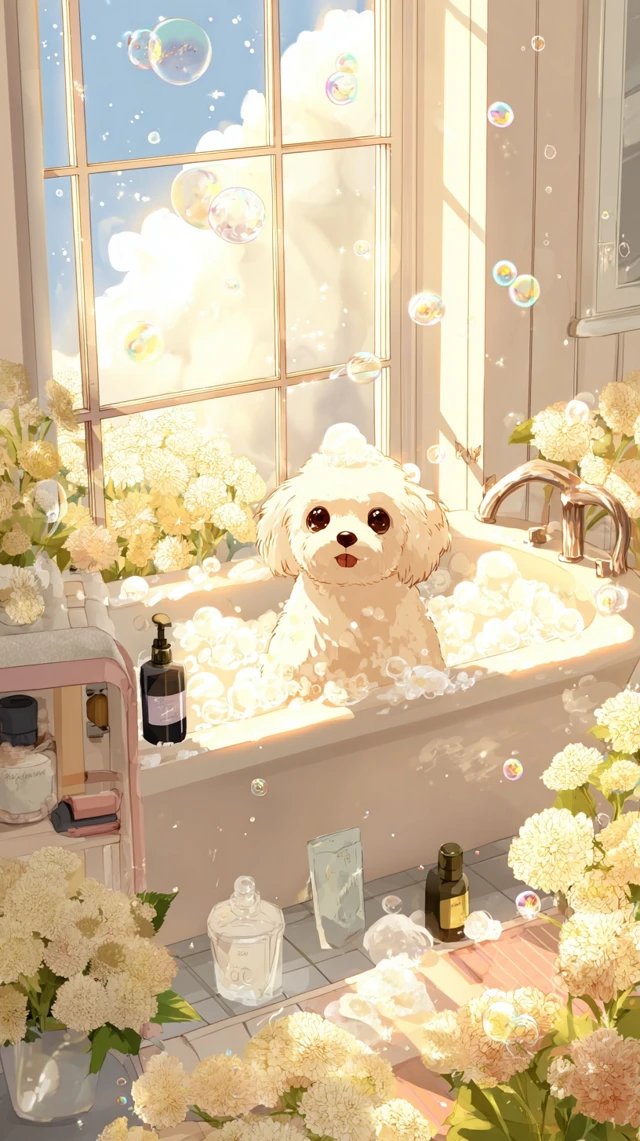 Maltese Puppy Bathing in Flowers Anime Art