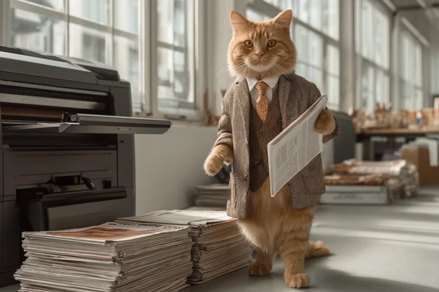 Business Cat Holding Newspaper in Printing Shop
