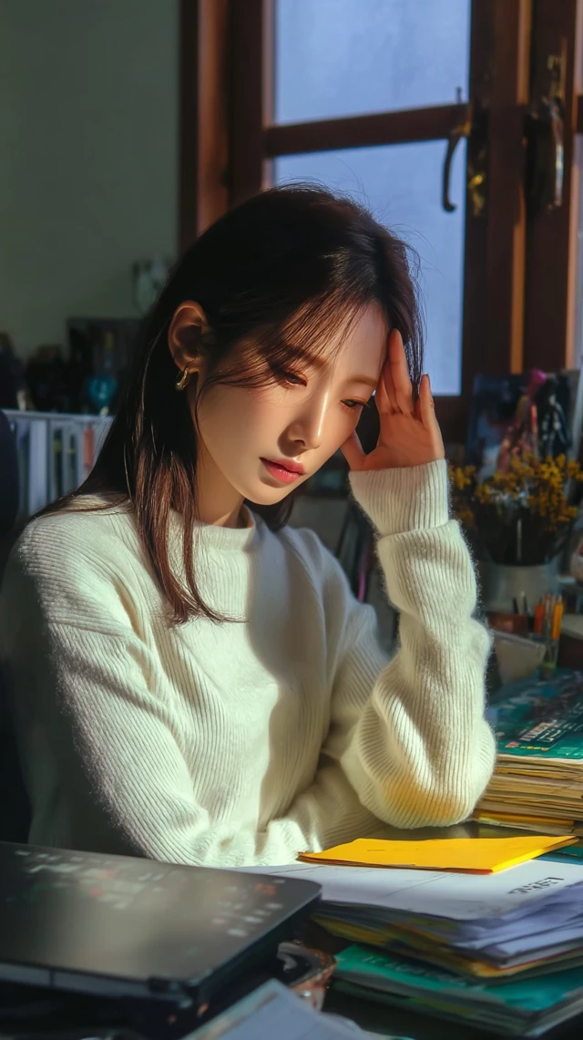 Beautiful Korean Woman Studying At Desk HDR Lighting