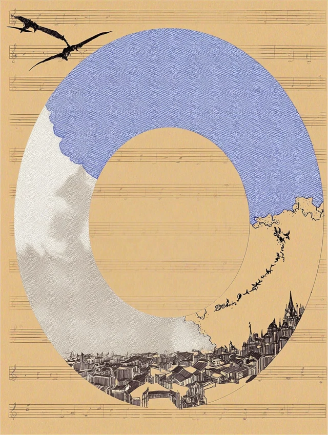 Musical Score with Futurist City Clouds and Birds
