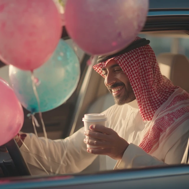 Saudi Man at Drive Thru Coffee Golden Hour Shot