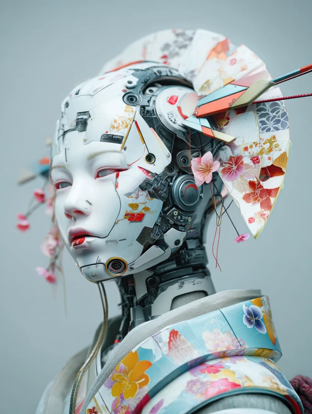 Cyberpunk Geisha Robot with Pastel Colors