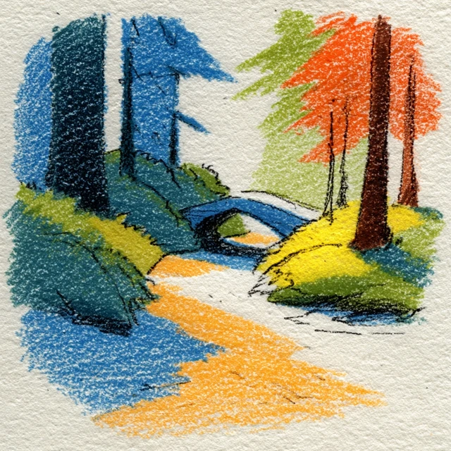 Naive Crayon Forest Scene with Stream and Bridge