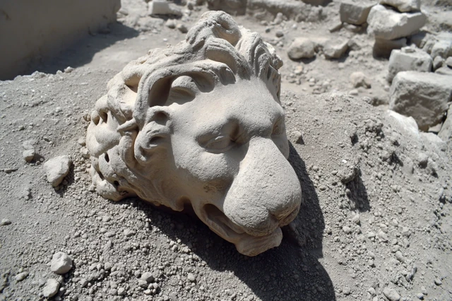 Ancient Lion Head Stone Sculpture Archaeological Find