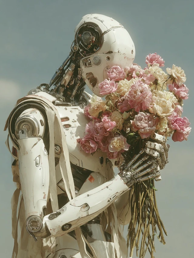 Robot with Flowers A Beautiful Futuristic Image