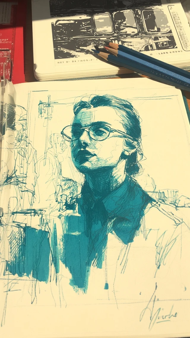 Sketch of Woman with Glasses Portrait Illustration