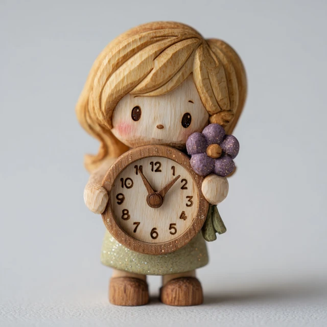 Wooden Carving Girl Holding Clock Figurine