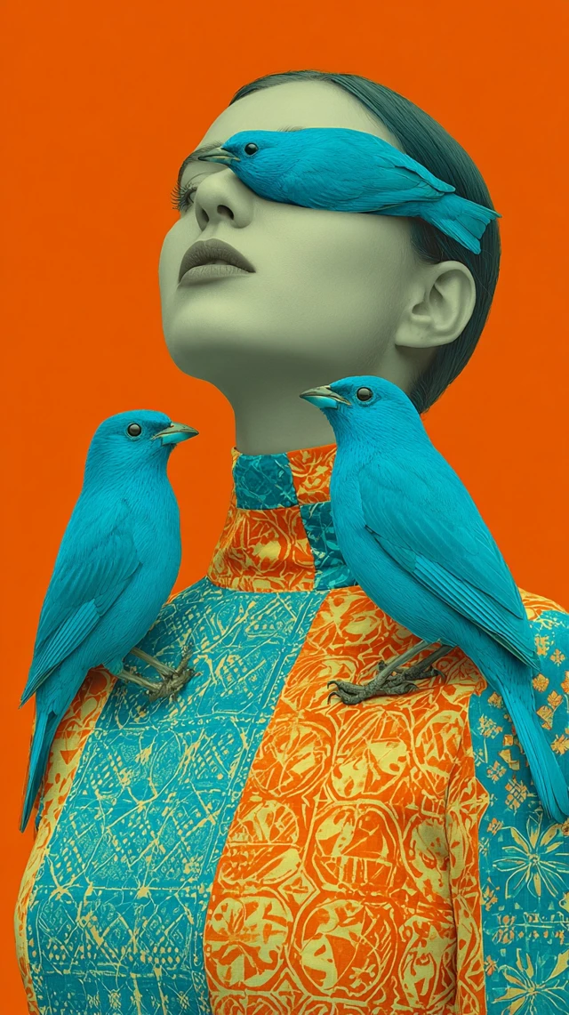 Woman with Teal Birds Fashion Photography