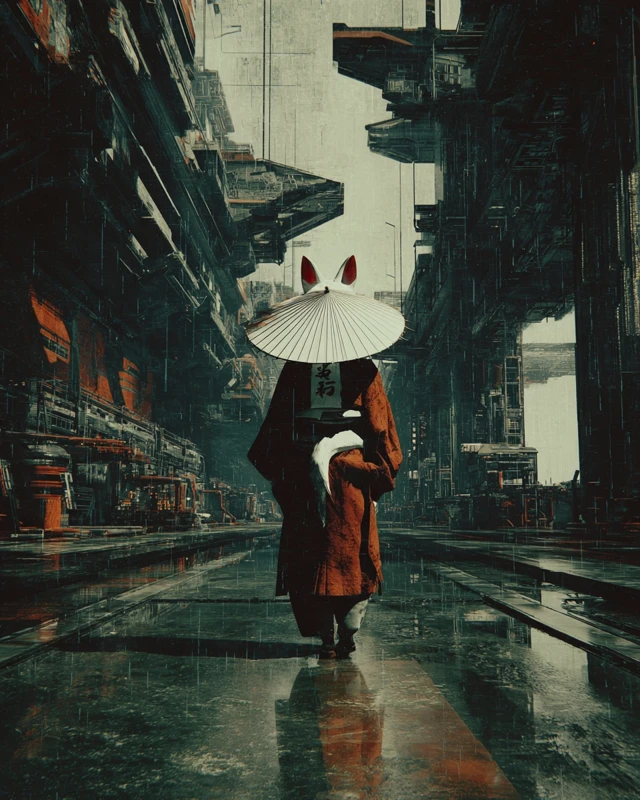 Kitsune in Cyberpunk City Velvia Aesthetic