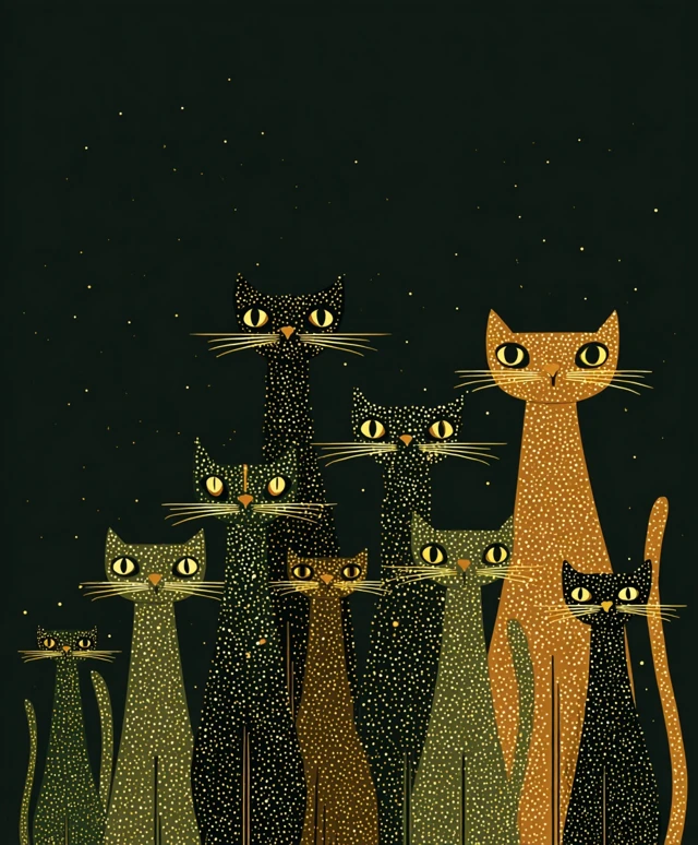 Mid Century Modern Space Cats Vector Illustration