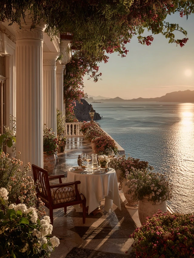 Elegant Breakfast on a Balcony Sunset View