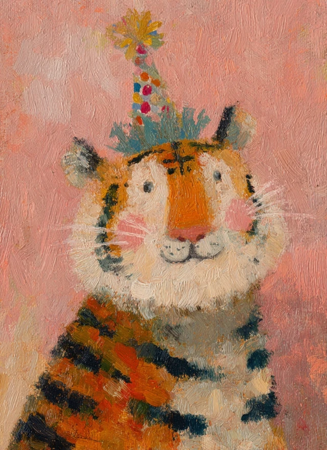 Cute Tiger with Party Hat Naive Art