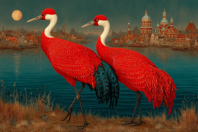 Dutch Master Painting of Cranes at Sunset