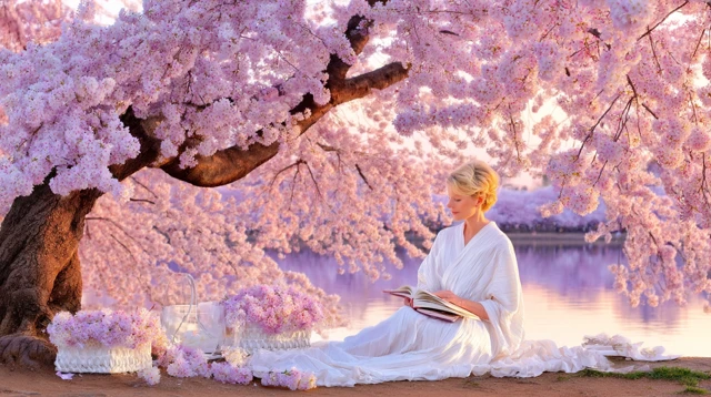 Contemplative Woman by Lake Under Cherry Blossoms
