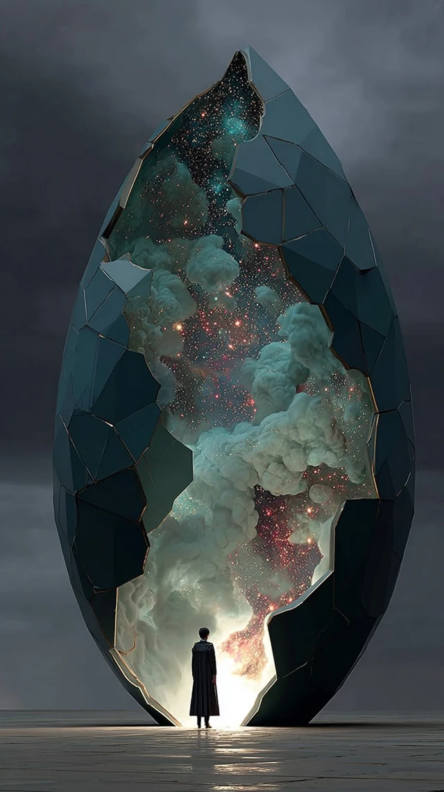 Cosmic Rebirth A Lone Figure and Nebula Egg