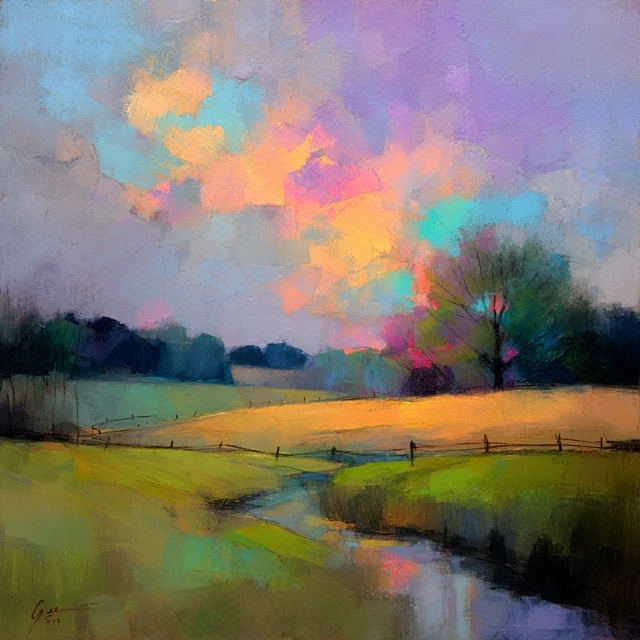 Midwestern Field Painting  Soft Sky and Green Grass