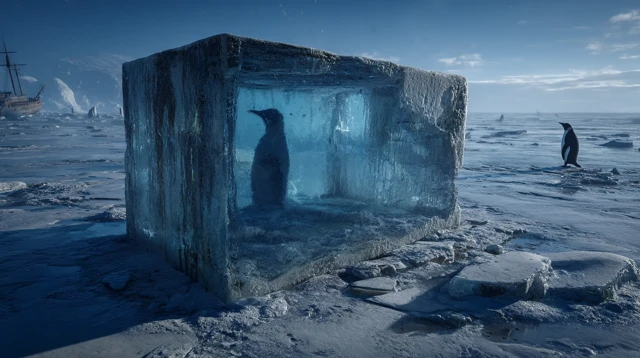 Penguin Frozen in Ice Photorealistic Wide Angle