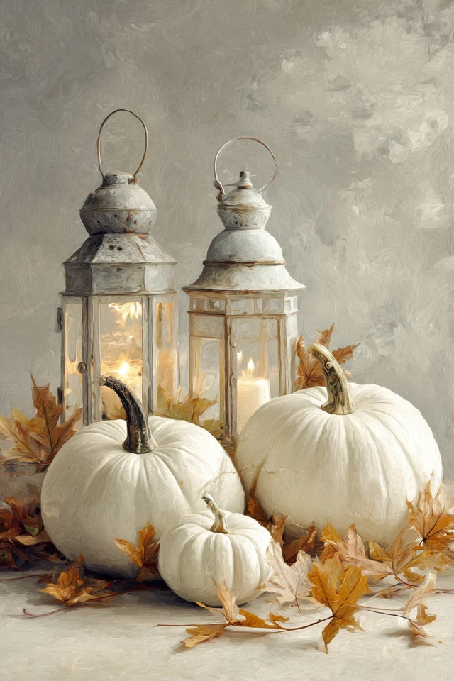 Autumn Still Life White Pumpkins Lanterns Art