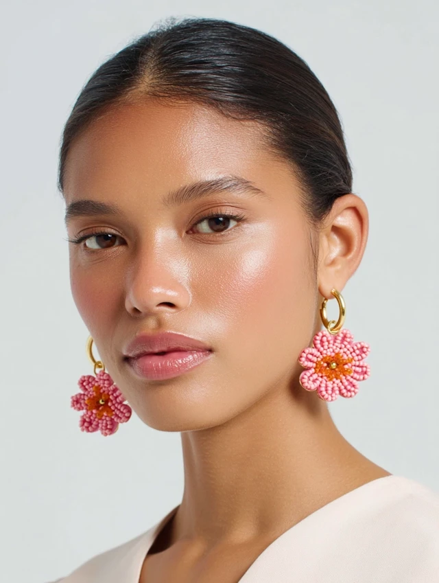 Pink Beaded Flower Earrings Gold Huggie Hoops Editorial