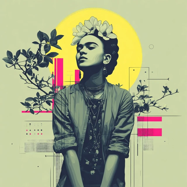 Frida Kahlo Illustration with Magnolia Crown
