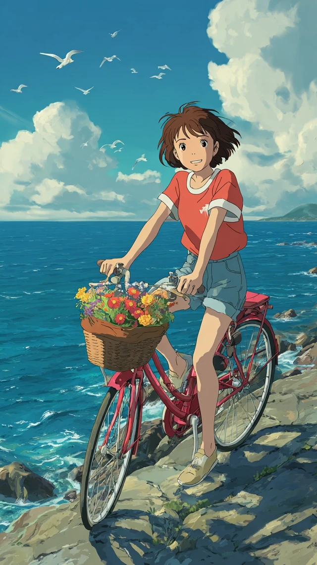 Studio Ghibli Girl on a Bicycle Overlooking the Sea