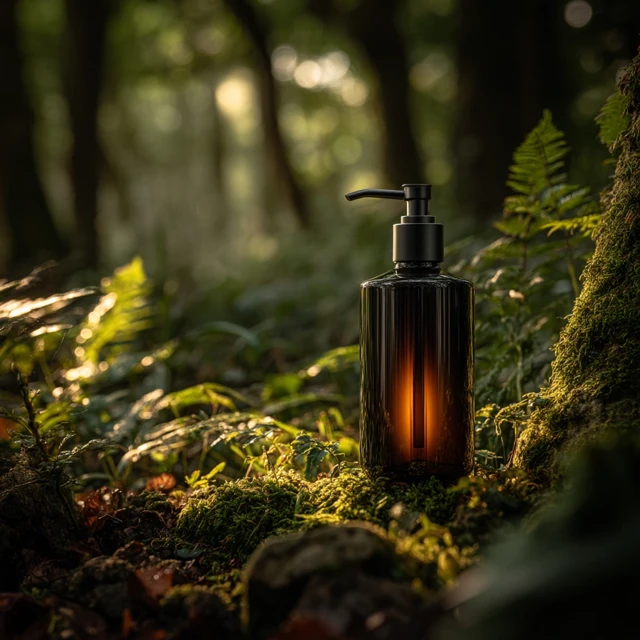Amber Shampoo Bottle Mockup in Nature
