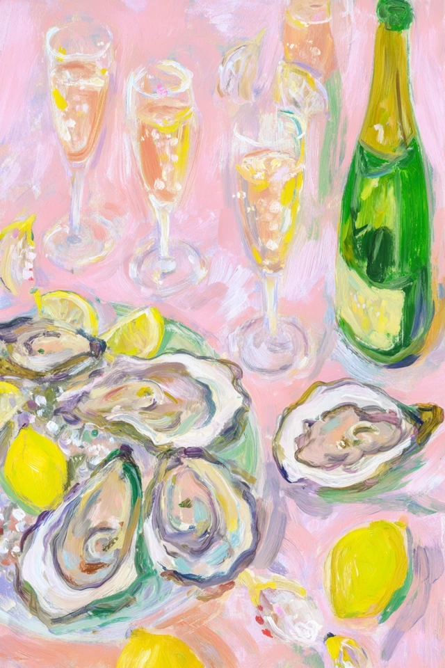 Oysters Champagne Fine Art Painting Coastal Dining