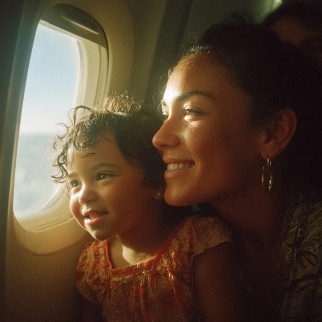 Mother and Daughter Smiling on a Plane