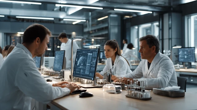 Busy Science Lab: Researchers Working with Computers