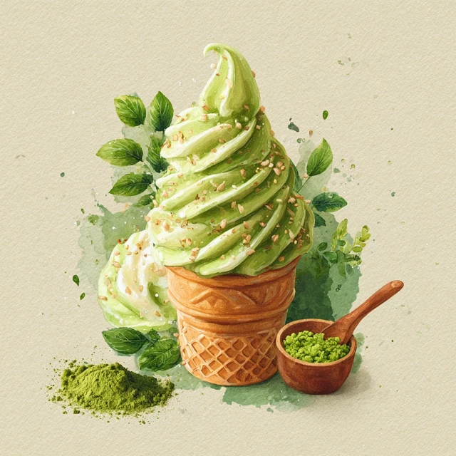 Matcha Ice Cream Watercolor Illustration