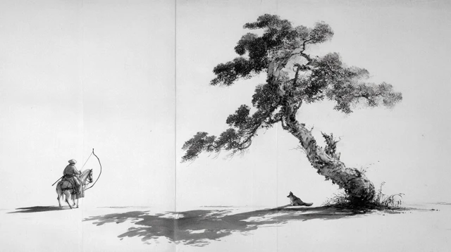 Ink Wash Painting Horse Rider and Fox