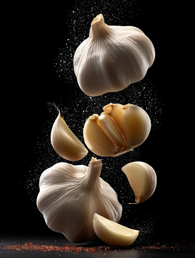 Garlic Cloves Floating Black Background