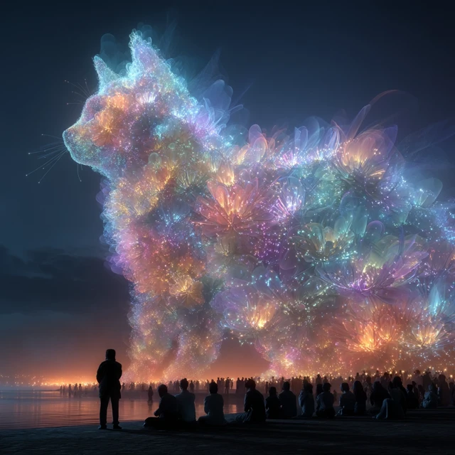 Fireworks Cat Over Futuristic Tokyo 2432