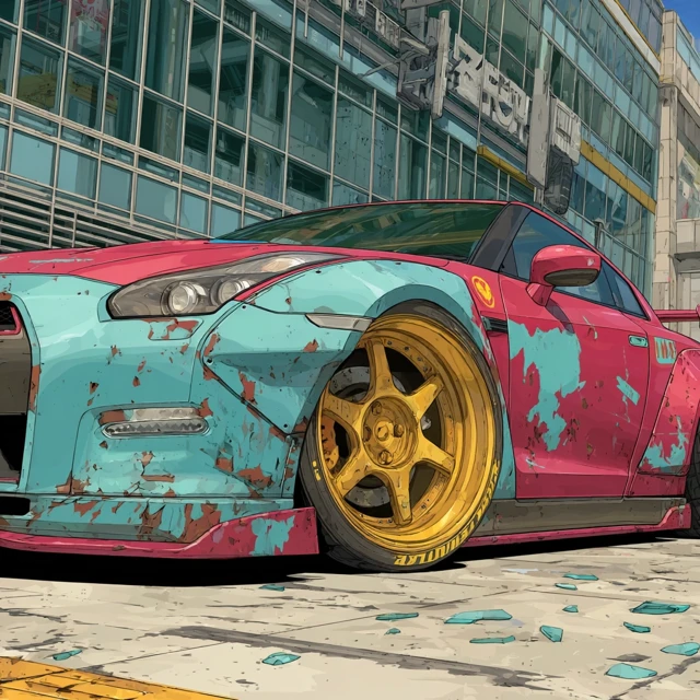 Nissan GTR Anime Style Crashing Through Glass