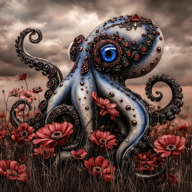 Blue Octopus in Flower Field Illustration Art