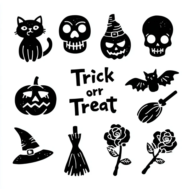 Cute Halloween Icons Trick or Treat Vector Black and White