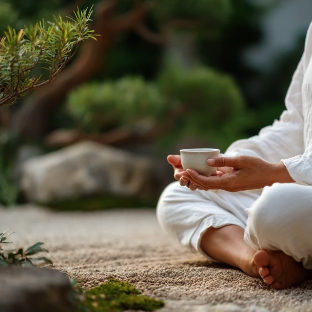 Meditating Woman in Zen Garden Holding Cup