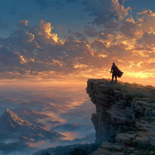 Warrior at Golden Hour Overlooking Mountains