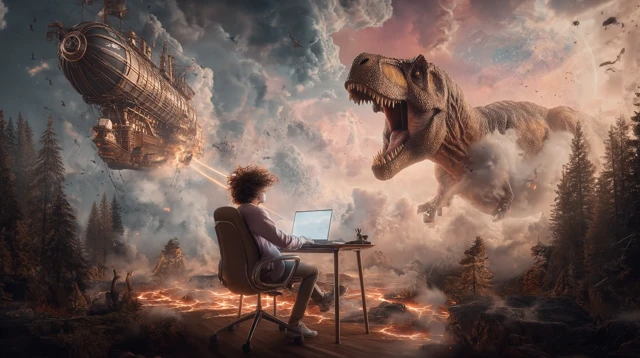 Surreal Fantasy Scene: Airship, Dinosaur, and Time Rift