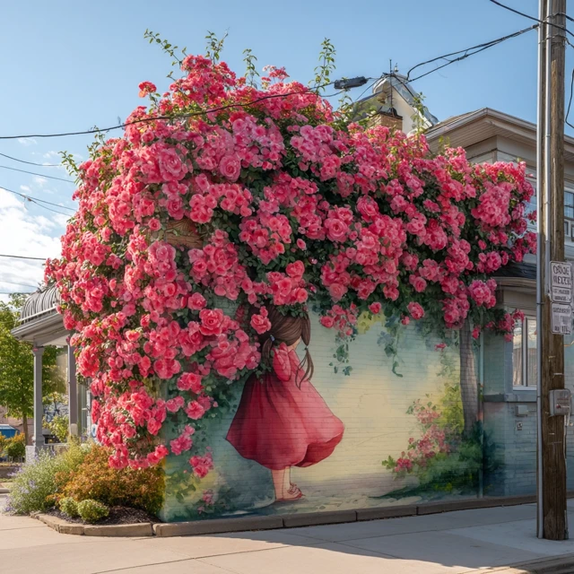 Floral Mural with Pink Roses and Cute Girl Illustration