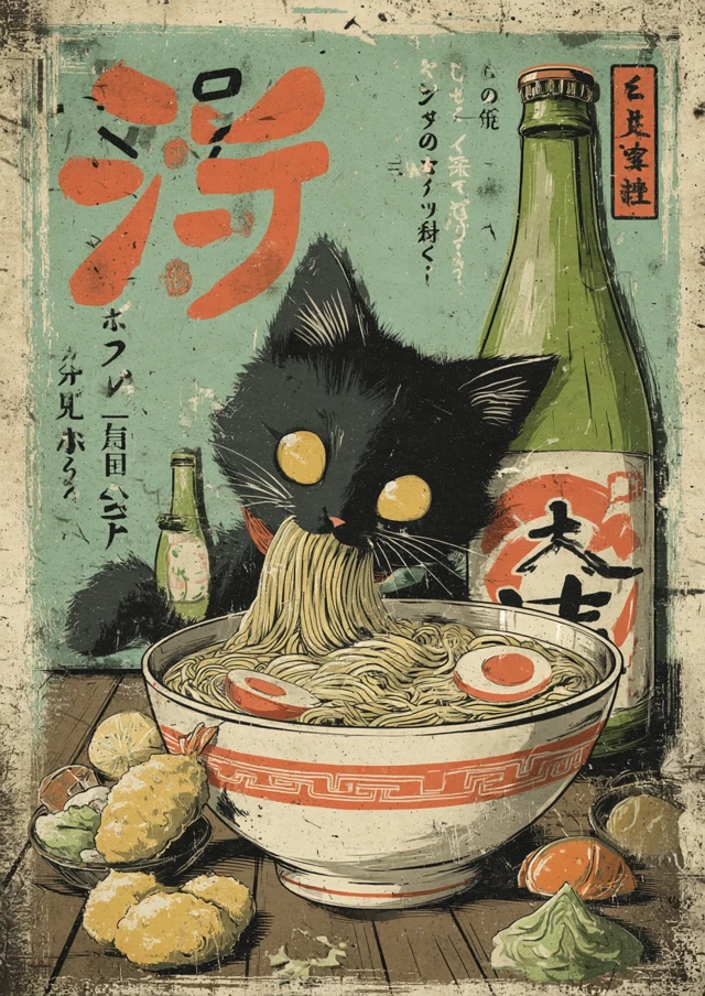 Ukiyo-e Cat Ramen Illustration