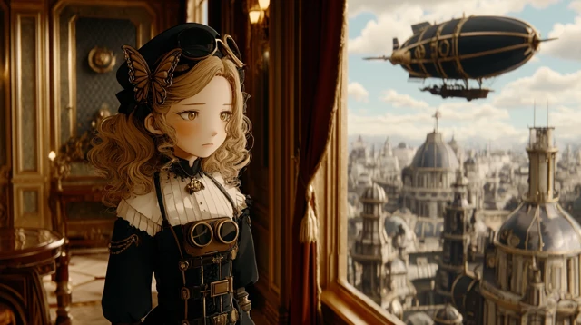 Steampunk Girl Anime Illustration with City and Airship