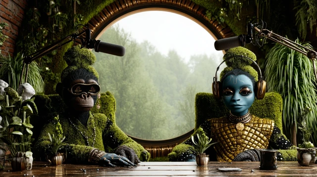 Co-hosts in Mossy Chairs, Dramatic Perspective