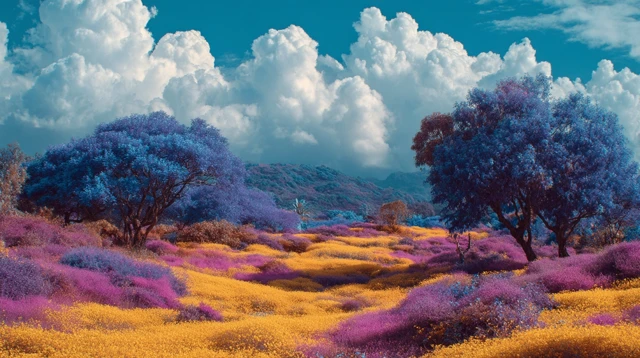 Psychedelic Landscape Blue Trees Violet Sky