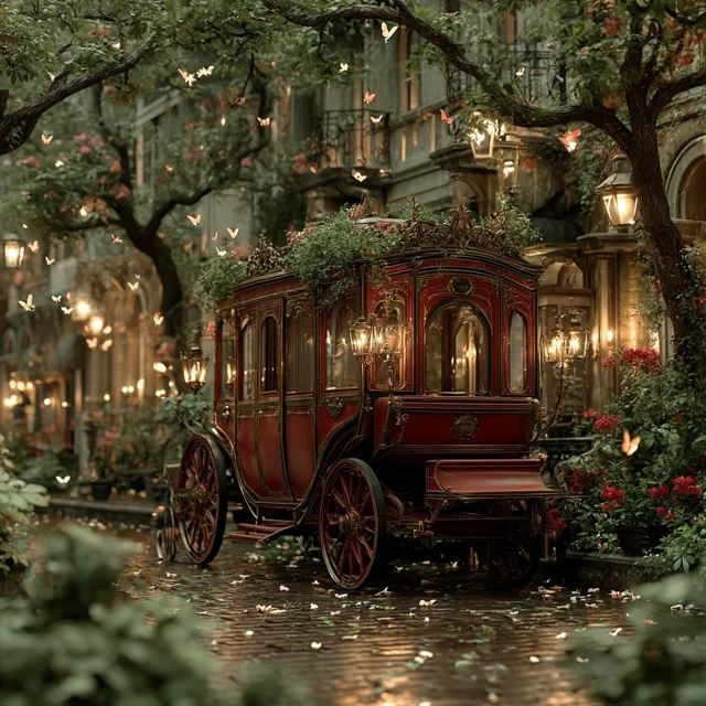 Elegant Carriage in Courtyard Romantic Scene