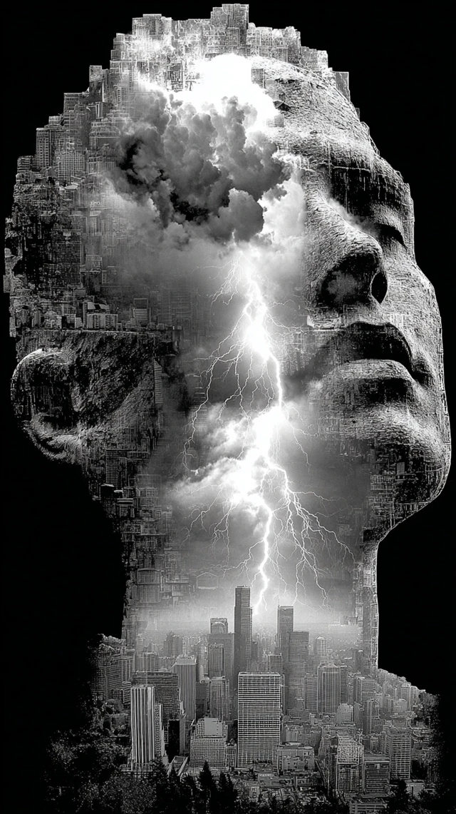 Futuristic City Titan Face with Lightning