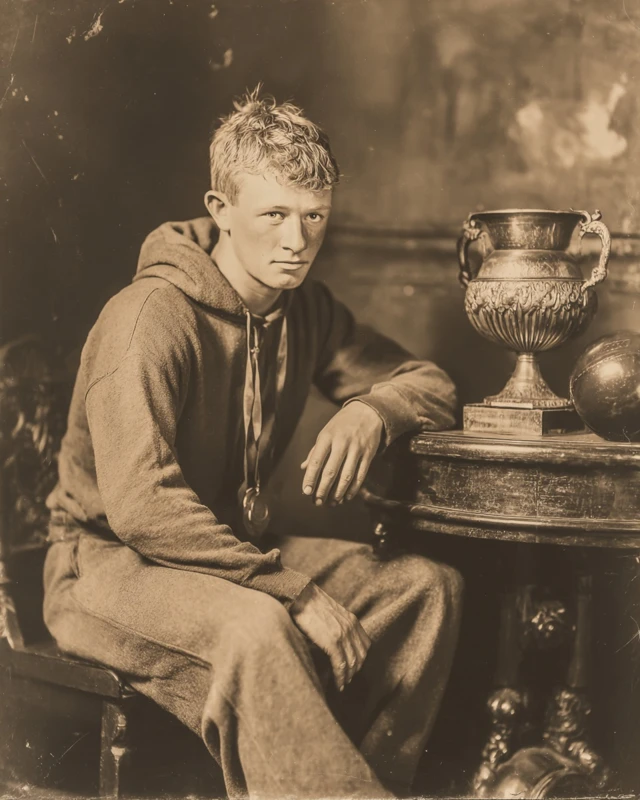 1920s Football Player Medal Stand Photo Black and White