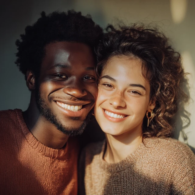 Happy Young Couple Smiling Warm Lighting