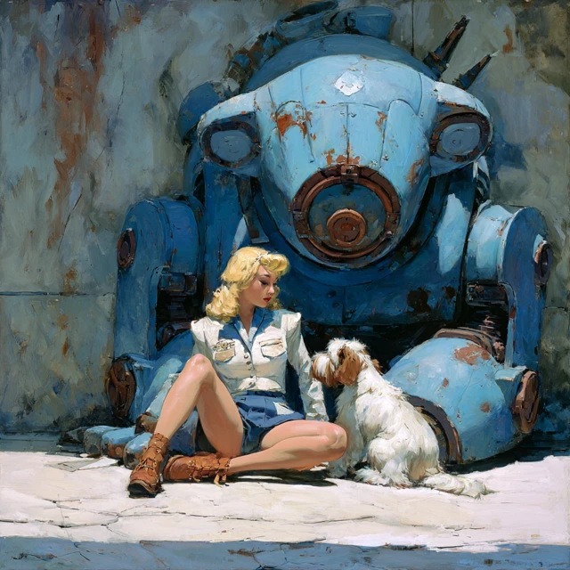 Vintage Pulp Art Woman Robot Dog
